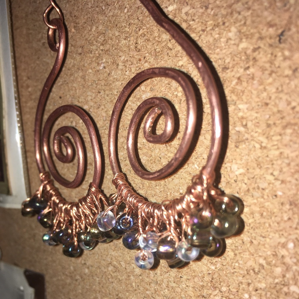 BOGO 50% OFF! Swirled Copper Dangly Beaded Earrings. Handmade - Picture 3 of 10